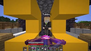 A screenshot from Techno's stream. He's standing infront of Tubbo, who is trapped in yellow concrete. He is cowering as far away from Techno as he can. Techno holds a crossbow filled with fireworks at Tubbo.